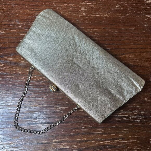 Vintage Gold Clutch Purse With Chain Strap Textured Metallic Finish & Crystal Cl - Picture 2 of 11